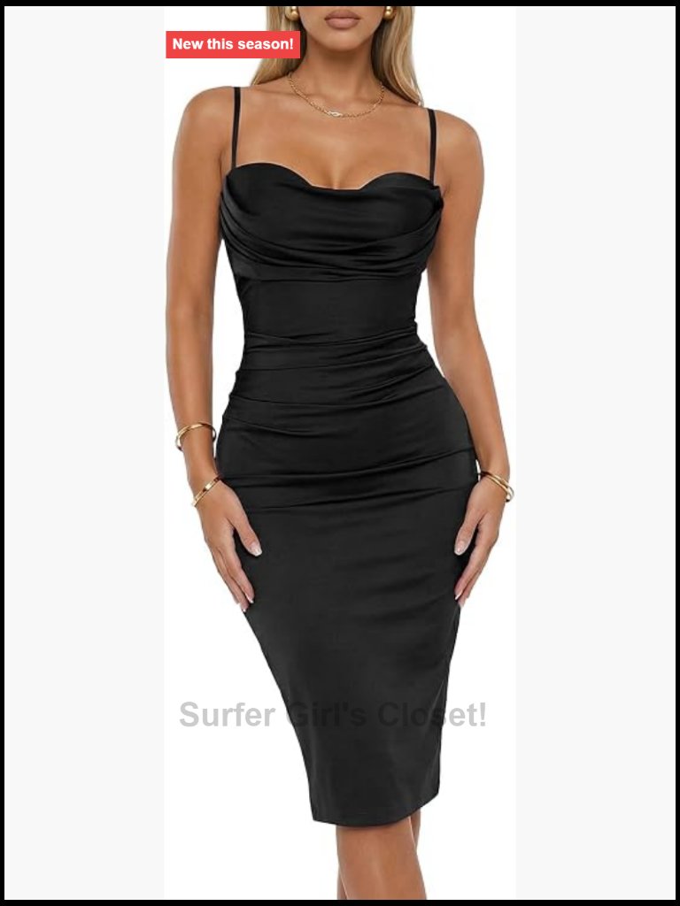 Built-In Bra Cowl Neck Backless Bodycon Midi Dress Spaghetti Straps